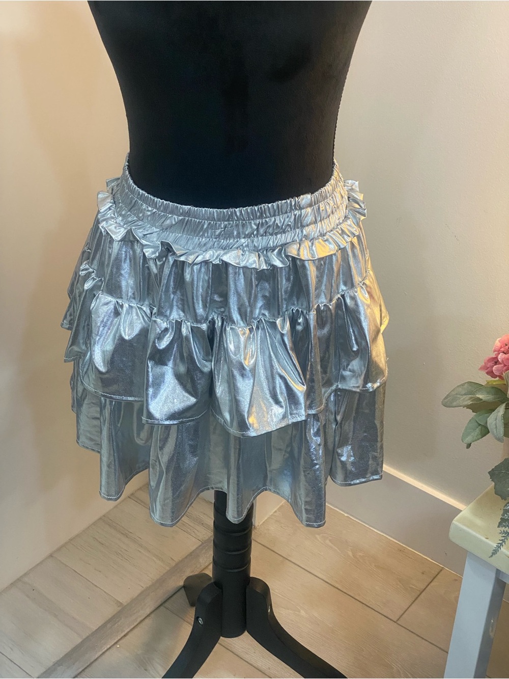 Metallic Silver Ruffle Mini Skirt with Elastic Waist
